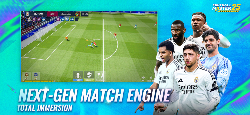 Football Master 2-Soccer Star - Imagen promocional de Football Master 2 que muestra una captura de pantalla de un partido de fútbol en 3D y jugadores famosos del Real Madrid