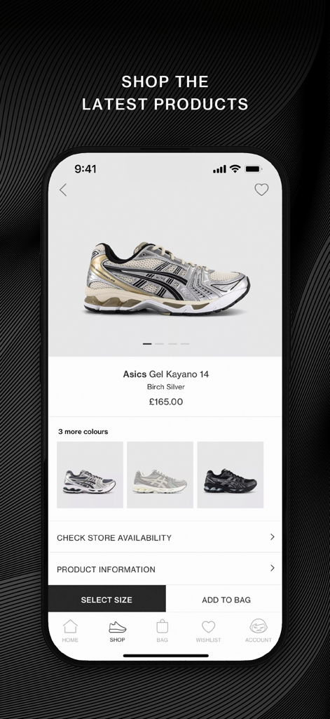 Página de producto de la app OFFSPRING mostrando zapatillas Asics Gel Kayano 14 con selección de talla y precio.