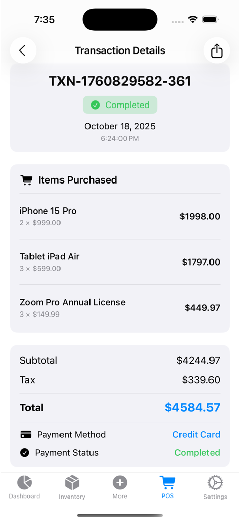 Pantalla de detalles de transacción mostrando un recibo de venta completado con artículos comprados y monto total en la aplicación Inventory and Sales Manager