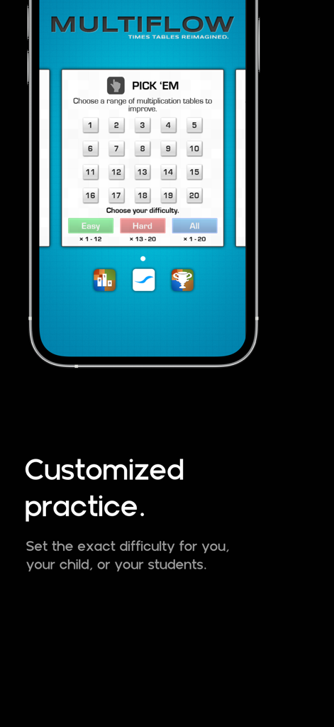 MultiFlow - MultiFlow app screen showing options to pick multiplication tables and set difficulty levels for customized math practice
