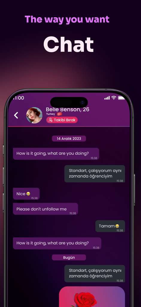 Interfaz de la aplicación Lovi que muestra una conversación de chat de texto entre dos usuarios con información del perfil y burbujas de mensajes.