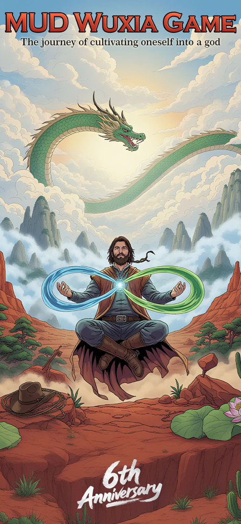 Immortal Taoists-MUD Wuxia - A man meditating with a green dragon in the sky for the Immortal Taoists 6th anniversary