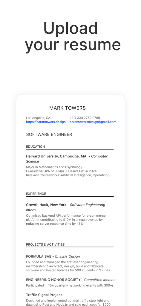 Sorce - AI Job Search - Interface do aplicativo Sorce mostrando a tela de upload de currículo com um exemplo de CV de engenheiro de software