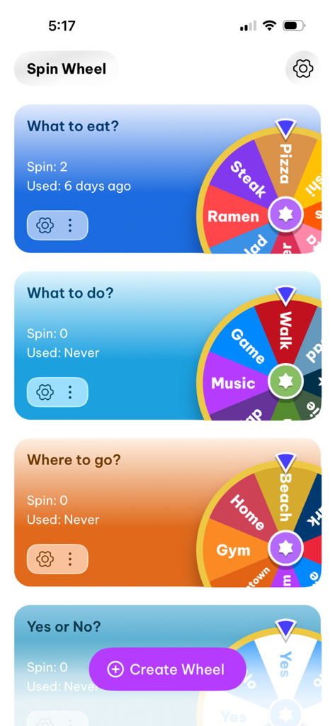 Decision - Spin Wheel - Dashboard of the Decision Spin Wheel app showing various customizable wheels for food and activities