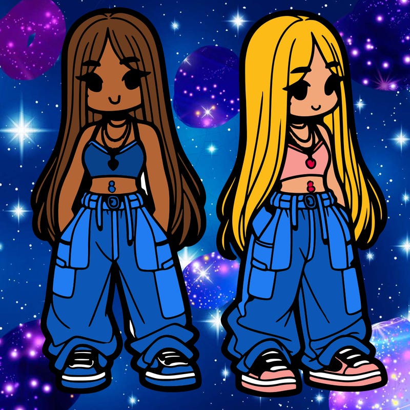 girl in baggy pants crop top and long hair