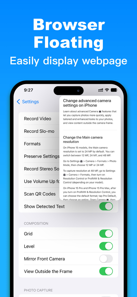 Split Screenアプリを使用して、iOS設定メニューの上にウェブページを表示するフローティングブラウザウィンドウが表示されています