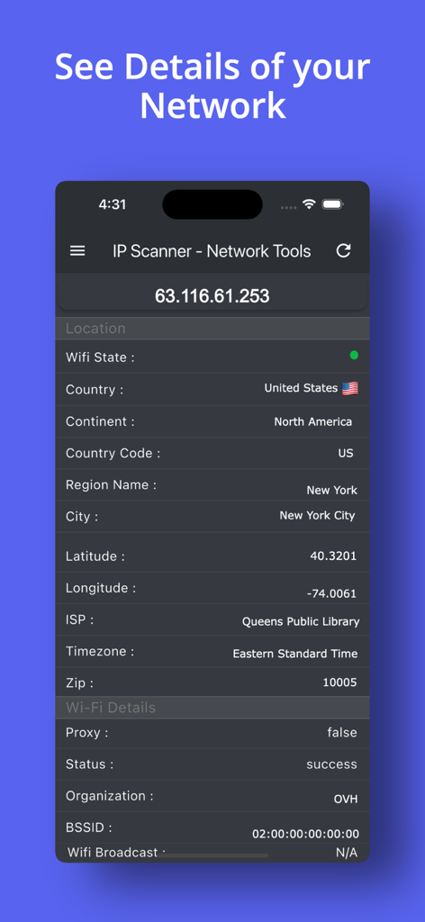 IP Scanner: Network Tools - Interfaz de la aplicación IP Scanner que muestra información detallada de red y ubicación para una dirección IP específica