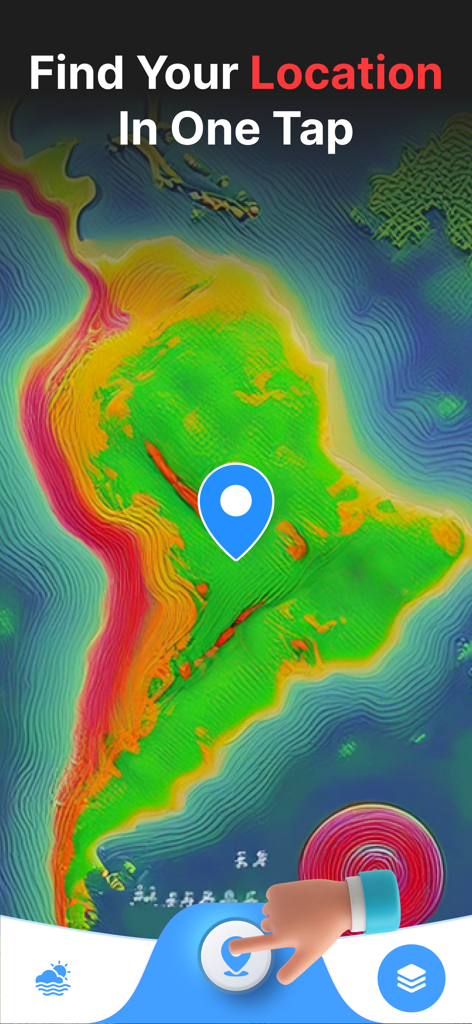 Live Weather Map Zoom Earth - A weather map interface showing a colorful heat map of South America with a location pin and a button to find current location in one tap