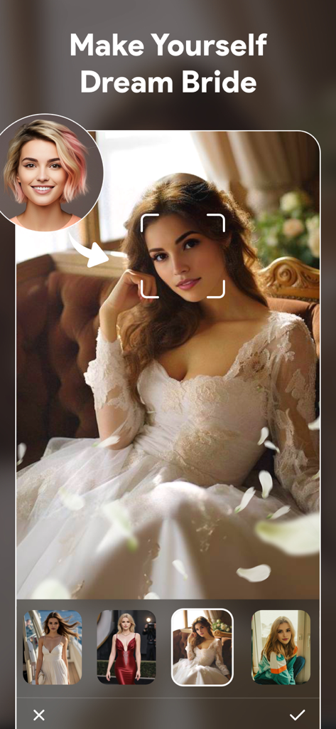 AI Photo Generator - ToonTap - Interfaz de la aplicación ToonTap mostrando a una mujer transformada en una novia de ensueño utilizando filtros de fotos IA