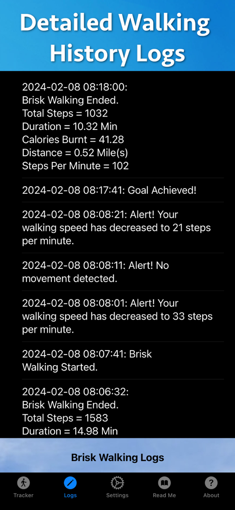 Brisk Walking Tracker - Detailed history logs screen of the Brisk Walking Tracker app showing workout statistics and speed alerts