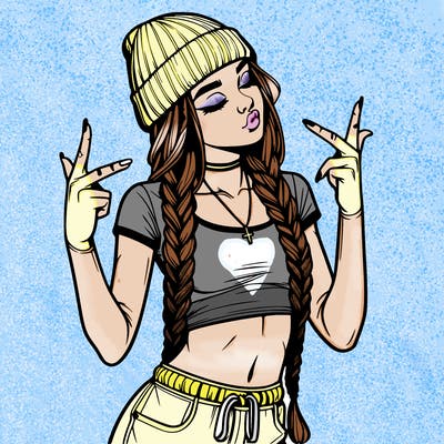 realistic teenage girl with braids and a beanie and crop top doing 🫶🏼