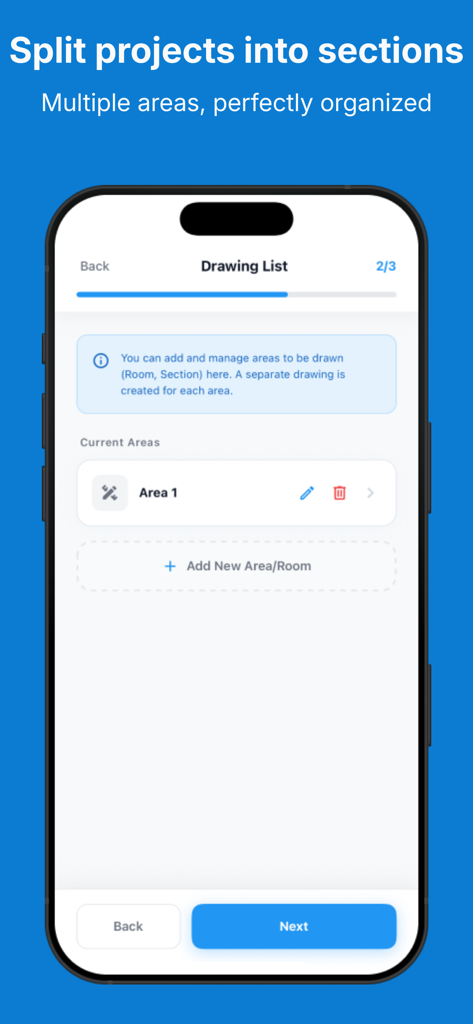 Measure Book - Measure Book アプリインターフェイス。見積もりプロジェクトを複数の部屋または領域に分割して整理する方法を示します。
