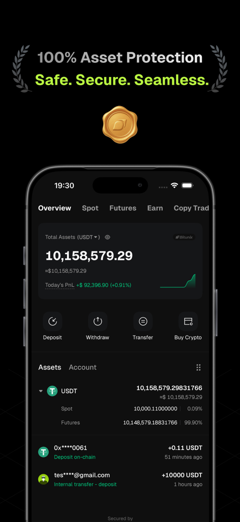 Capture d'écran de l'application mobile Bitunix montrant un aperçu du portefeuille avec un solde de plus de 10 millions d'USDT et une garantie de protection des actifs de 100 %.