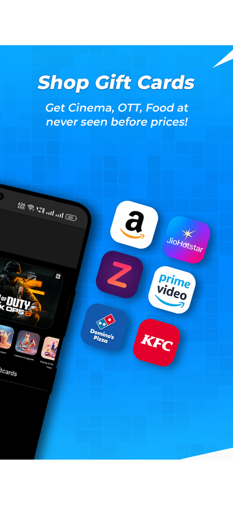 Screenshot der Rooter-App mit einem Bereich zum Kauf von Gutscheinkarten für Marken wie Amazon Prime Video, Dominos und KFC