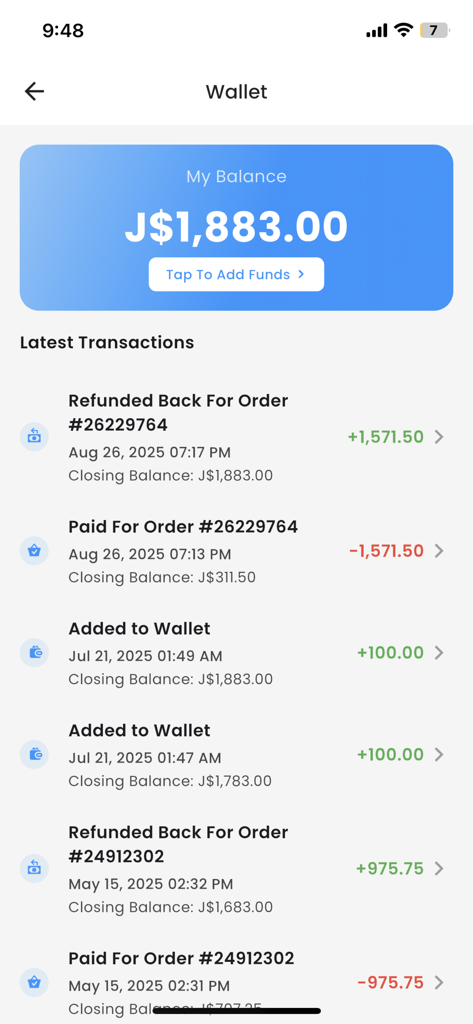 Doorstep JA Food Delivery - Doorstep JA app wallet interface showing balance in Jamaican dollars and recent transaction history