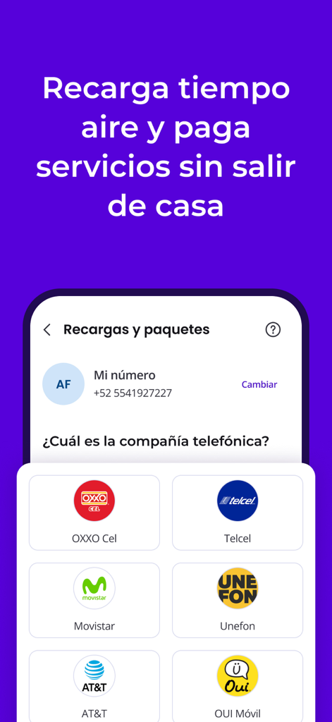 Pantalla de la app Spin by OXXO para recargas de tiempo aire móvil y pagos de servicios públicos con opciones de compañías telefónicas mexicanas
