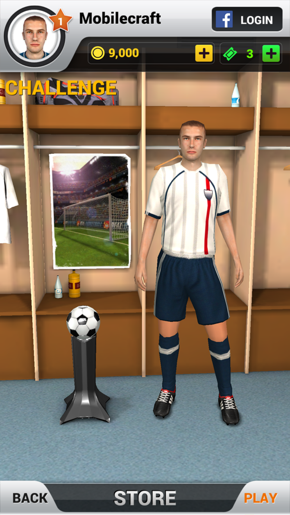 Un personaje de jugador de fútbol en un entorno de vestuario dentro de la aplicación Flick Shoot 2.