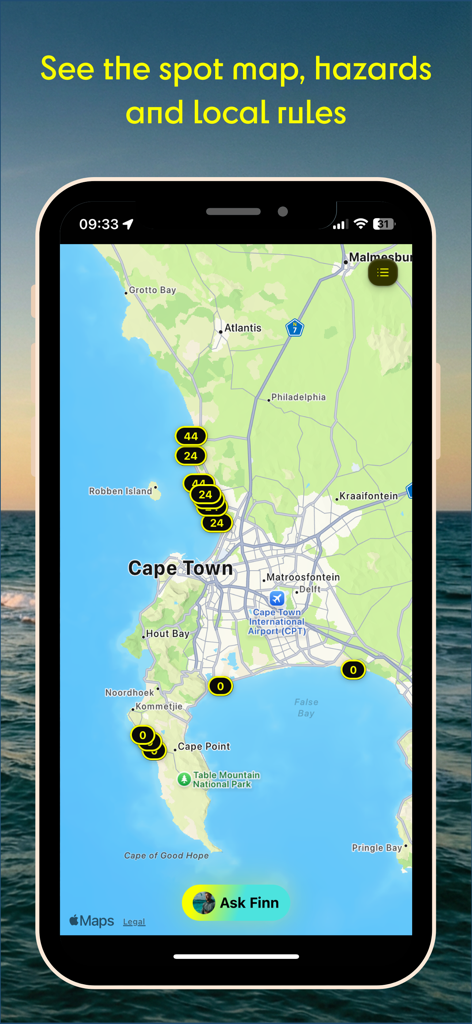 GoSalty – Kitesurf Playbook - A kitesurfing spot map of Cape Town in the GoSalty app showing local rules and hazards.