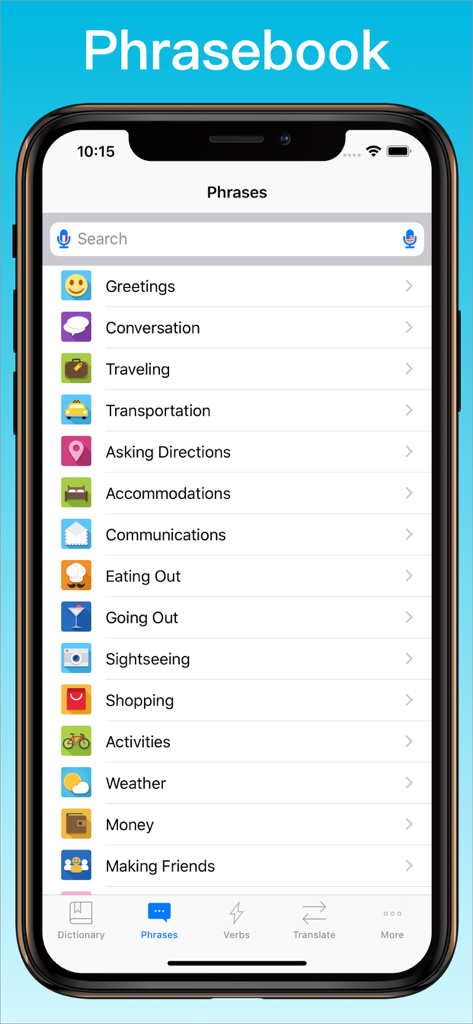 French translator app phrasebook showing travel and conversation categories