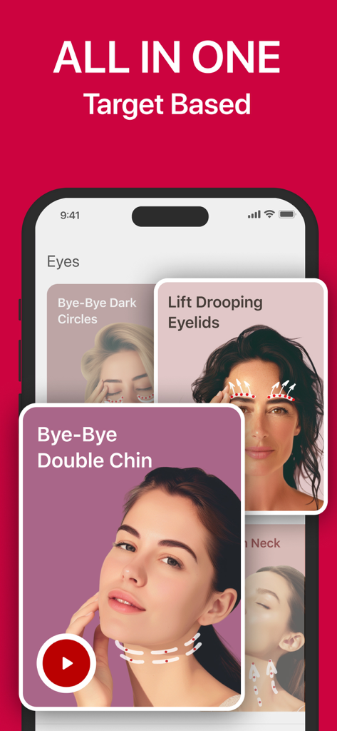 Vitonica mobile app interface showing targeted face yoga exercises for eyes and double chin