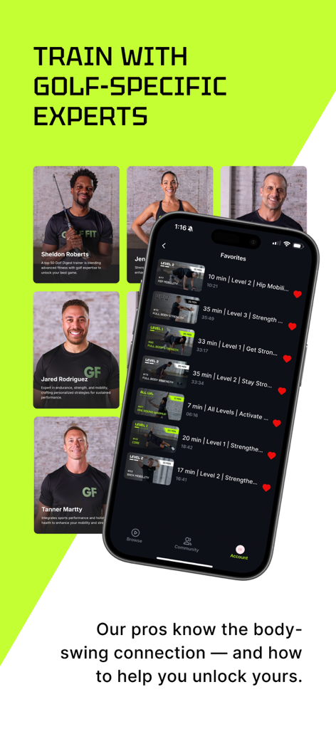 Golf Fit - Golf Fit app interface featuring professional trainers and a curated list of golf-specific strength and mobility workouts.