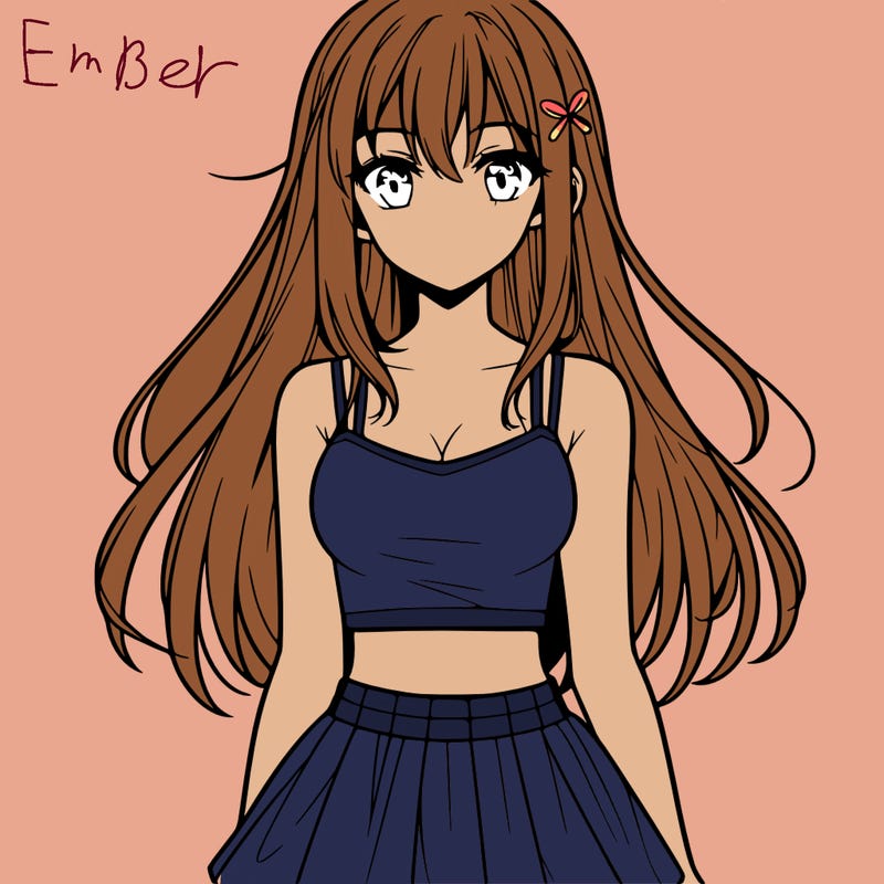 a teen anima girl with long hair and a crop top and skirt