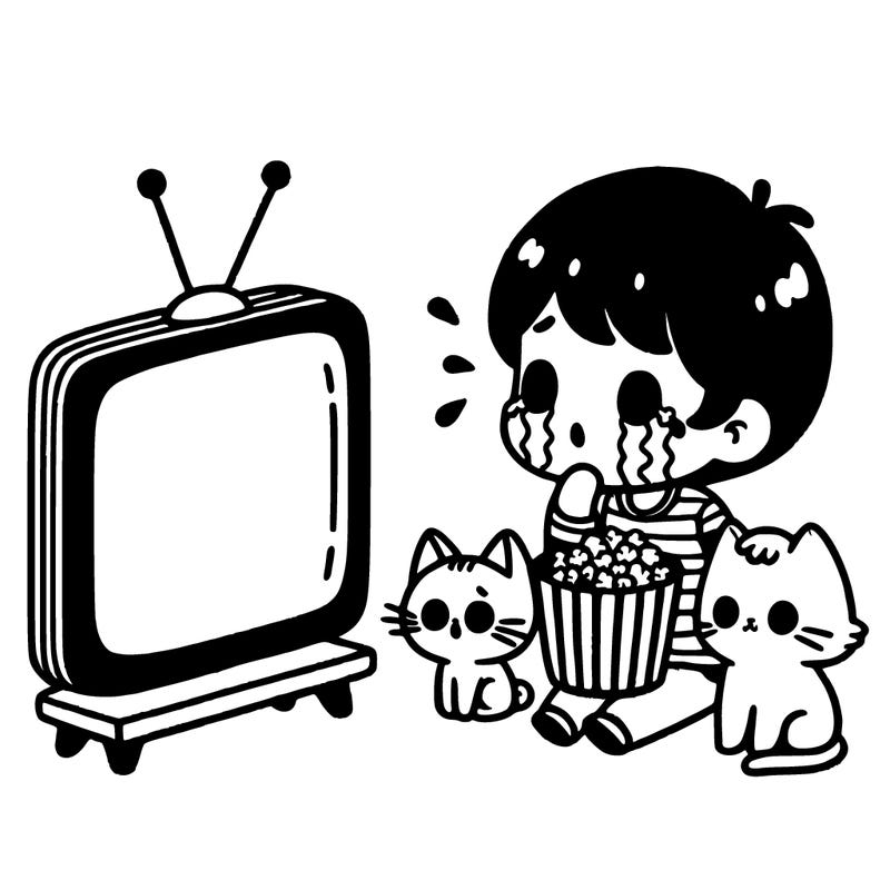girl with short hair crying in front of the tv with popcorn and her cat next to them comforting her