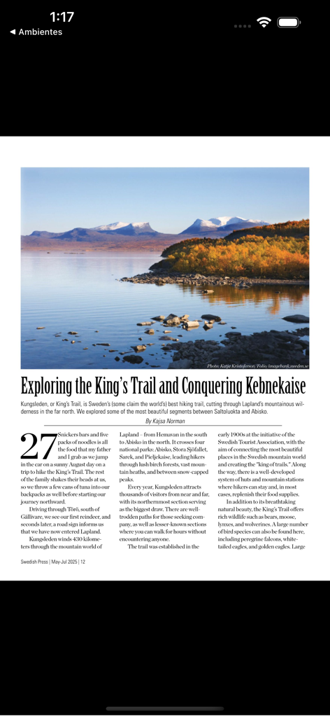 Swedish Press - An article in the Swedish Press app about hiking the Kings Trail and Kebnekaise featuring a scenic landscape photo of Swedish Lapland