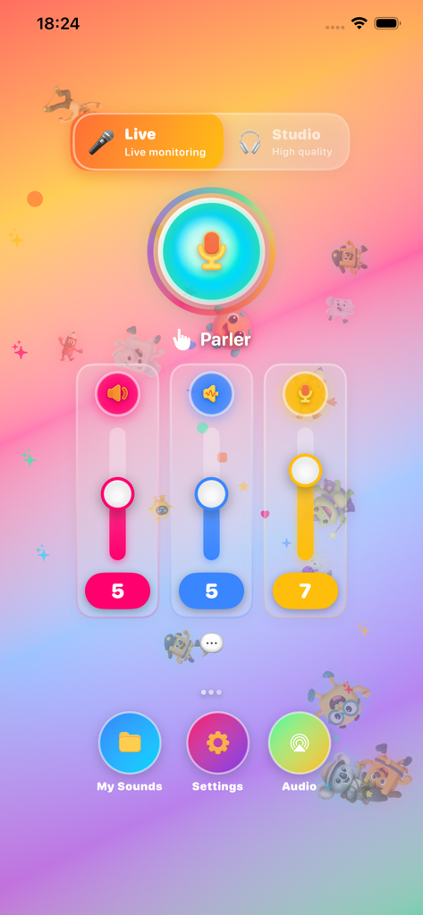 MagicMic: Kids Voice Recorder - Colorful recording screen of MagicMic app showing voice effect sliders and a large microphone button for children