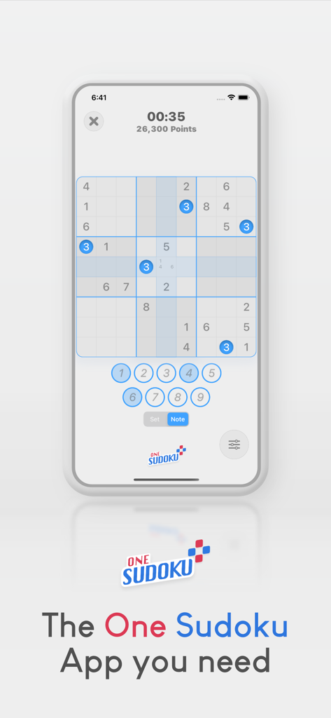 One Sudoku - A smartphone screen showing a classic Sudoku grid with a timer and number selection buttons
