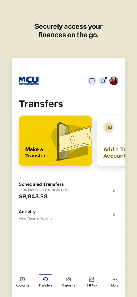 Transfers screen of the NYMCU Mobile Banking app showing options to make a transfer and view scheduled activity