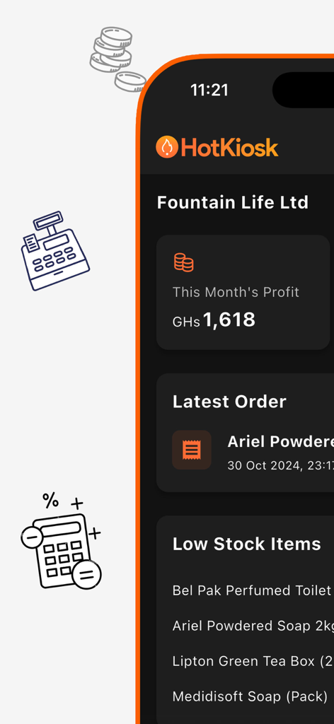HotKiosk - Inventory & Sales - Dashboard do aplicativo móvel HotKiosk mostrando lucro mensal e alertas de stock baixo