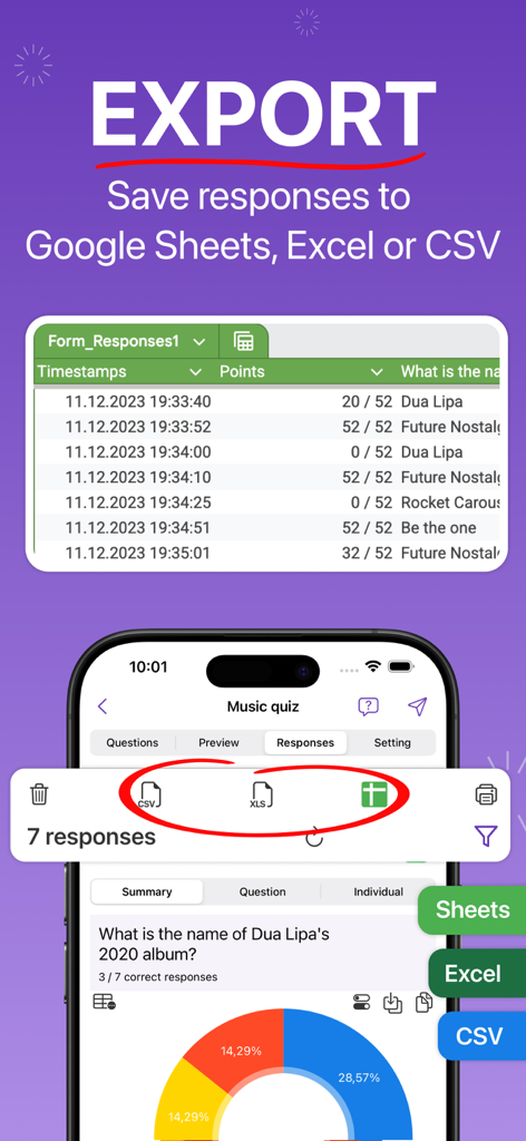 Bildschirm der mobilen App mit Optionen zum Exportieren von Google Forms-Antworten nach Excel, CSV und Google Tabellen