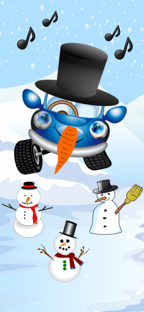 Car Match 2026 - Traffic Jam - A blue cartoon car wearing a top hat and carrot nose with snowmen and music notes in a winter landscape
