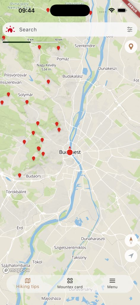 Mountex - Mountex mobile app showing a hiking map of Budapest with trail location pins
