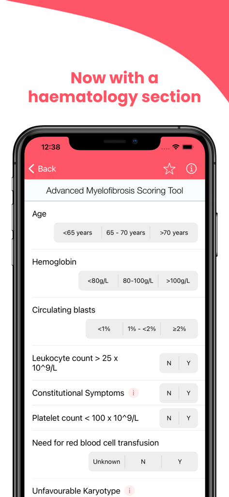 Interface de l'application ONCOassist affichant l'outil de score de myélofibrose avancée dans la section hématologie