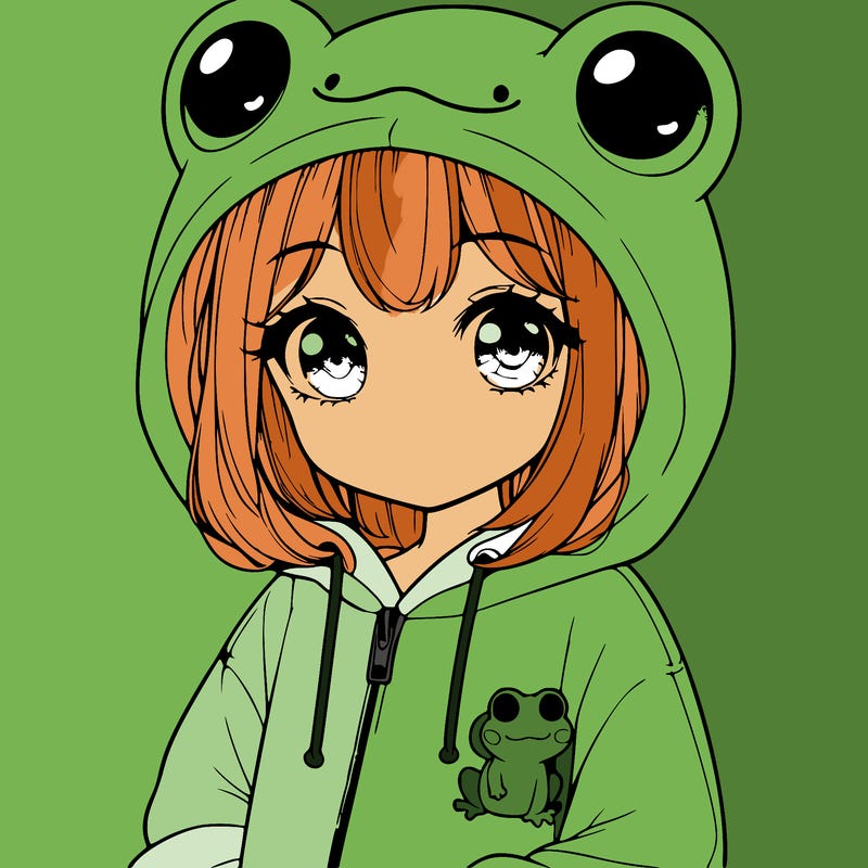 cute realistic girl in a froggy hoodie
