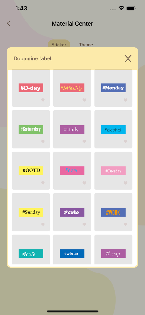 Cute notes - Daily Planner - A variety of colorful hashtag stickers for digital journaling in the Cute notes app.