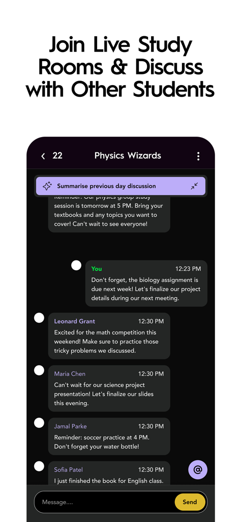 ExamCrush: AI Quiz Maker - Una interfaz de chat grupal en ExamCrush donde los estudiantes discuten temas y utilizan una herramienta de IA para resumir discusiones anteriores.