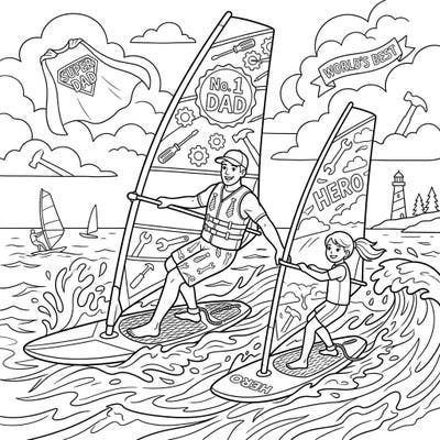 Get ready for an exciting Father's Day with this windsurfing coloring page featuring a super dad and his child. It's the perfect way to celebrate your hero while enjoying a fun, active scene.