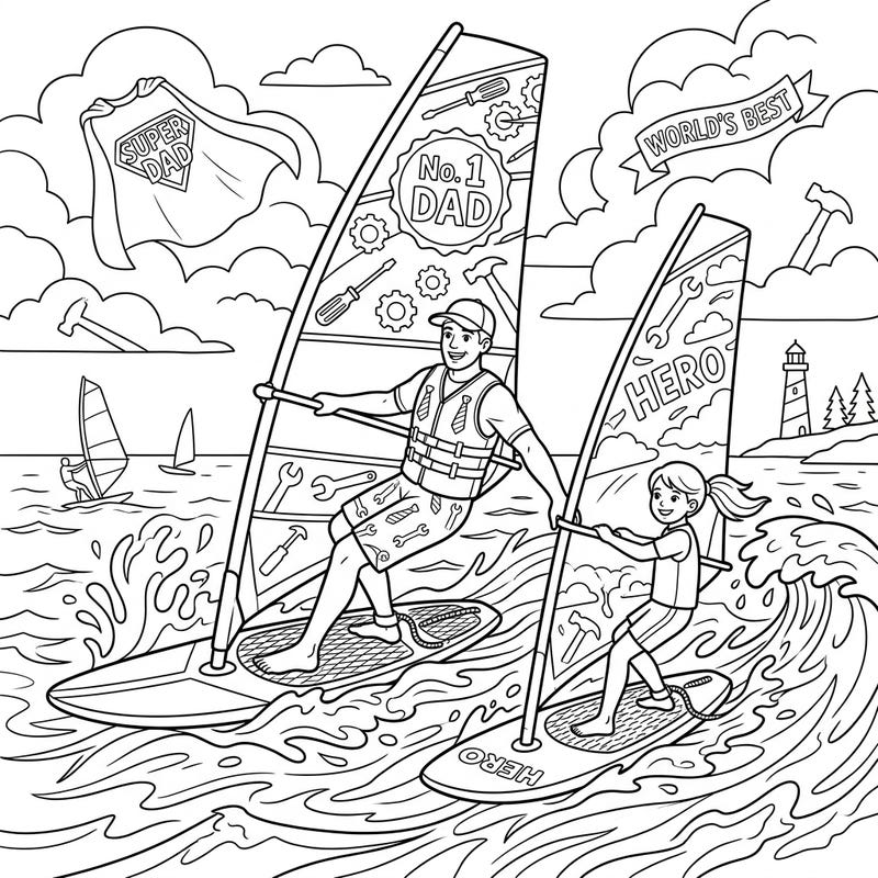 Get ready for an exciting Father's Day with this windsurfing coloring page featuring a super dad and his child. It's the perfect way to celebrate your hero while enjoying a fun, active scene.