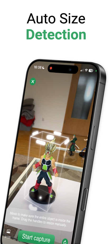 アクションフィギュアモデルの自動サイズ検出を示す3Dスキャナーアプリインターフェイス。