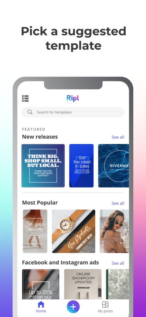 Ripl app interface showing a variety of professional social media marketing templates.