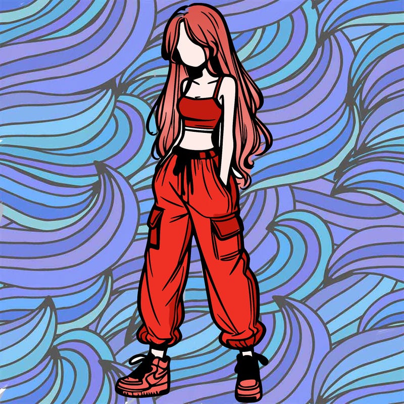 girl in baggy pants crop top and long hair
