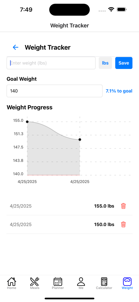 Keto Diet Recipes & Planner - Pantalla del rastreador de peso que muestra un gráfico de progreso y el peso objetivo en la aplicación Keto Diet Recipes and Planner