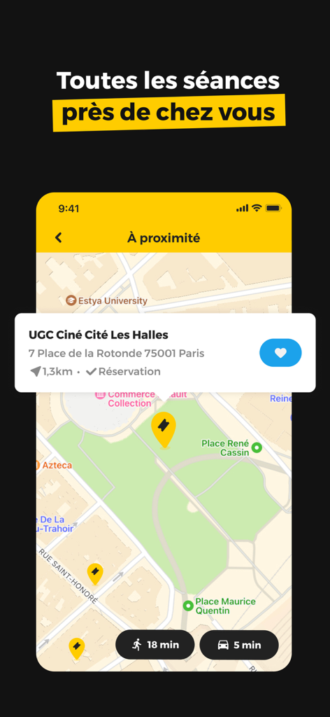 AlloCiné app interface showing a map with nearby cinema locations and travel times