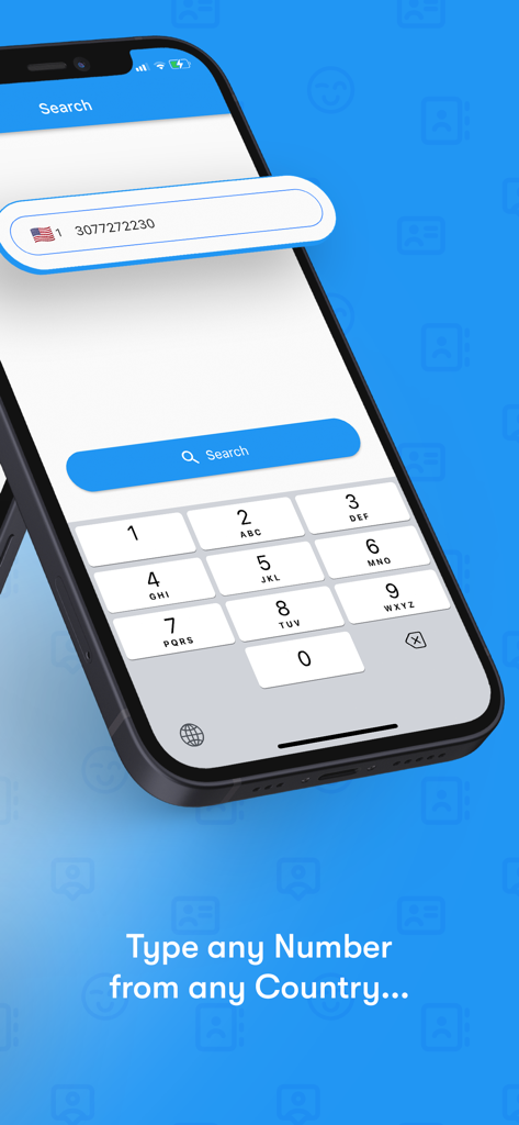 Number Finder: Who is calling? - Interface of the Number Finder app showing a numeric keypad and a search bar with a US phone number.