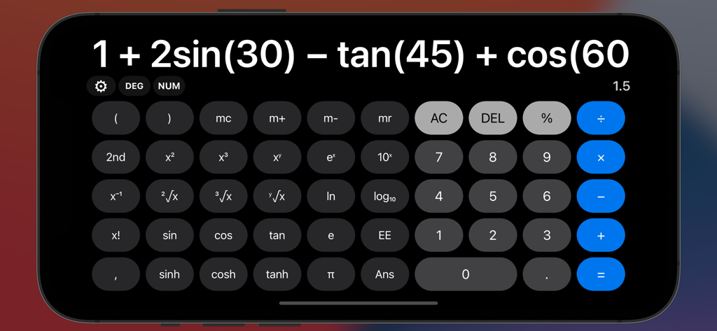 Calculator Plus v2 app in landscape mode showing a complex trigonometric equation and scientific calculator layout on an iPhone