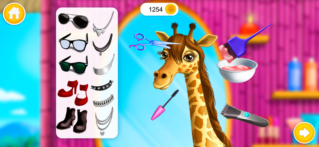 A cartoon giraffe being styled with scissors mascara and hair dye in a colorful virtual beauty salon