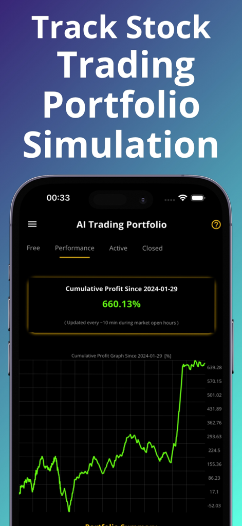 Stock Trading AI : SharePreds - SharePreds mobile app displaying a stock trading portfolio simulation with a cumulative profit performance graph.